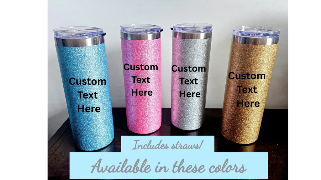 Four glitter tumblers in blue, pink, silver, and gold, each with a clear lid and custom text placeholder, displayed on a dark surface against a light background with a text banner at the bottom.